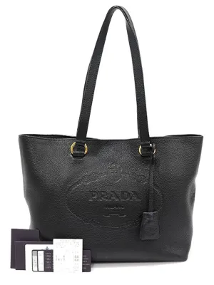 1BG100 Black Vitello Dino Embossed Logo Medium Shopper Shoulder Bag