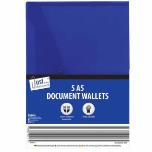 A5 Poly File Wallets - 5 Pack Strong Assorted Colours Durable Document Organisers Stationery