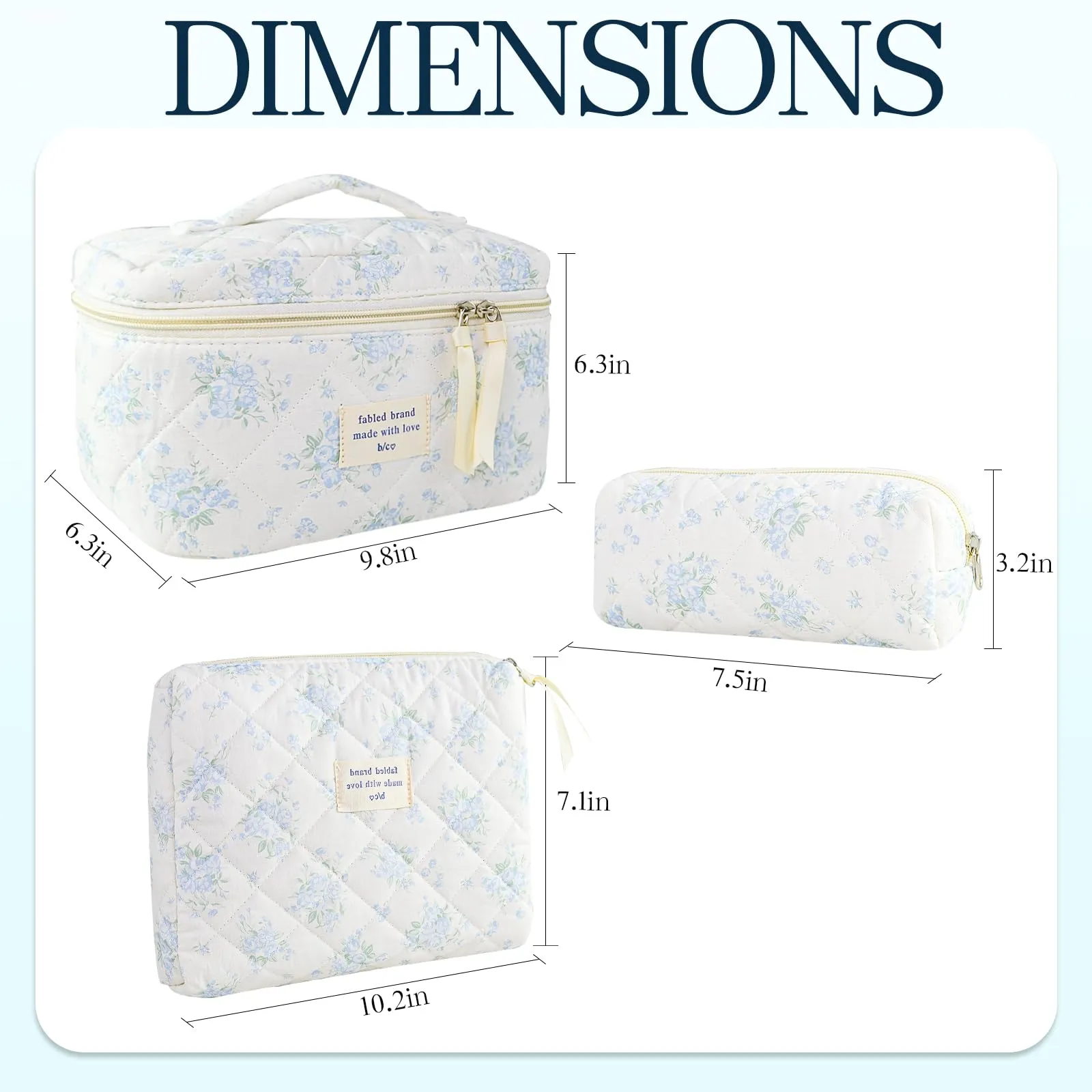 AMZMA Makeup Bag, 3 PCS Quilted Makeup Bag, Cute Floral Cotton Cosmetic Bag set, Coquette Makeup Pouch Large Travel Toiletry Bag