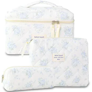 AMZMA Makeup Bag, 3 PCS Quilted Makeup Bag, Cute Floral Cotton Cosmetic Bag set, Coquette Makeup Pouch Large Travel Toiletry Bag