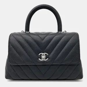 Black Caviar Leather Chevron Coco Handle Bag