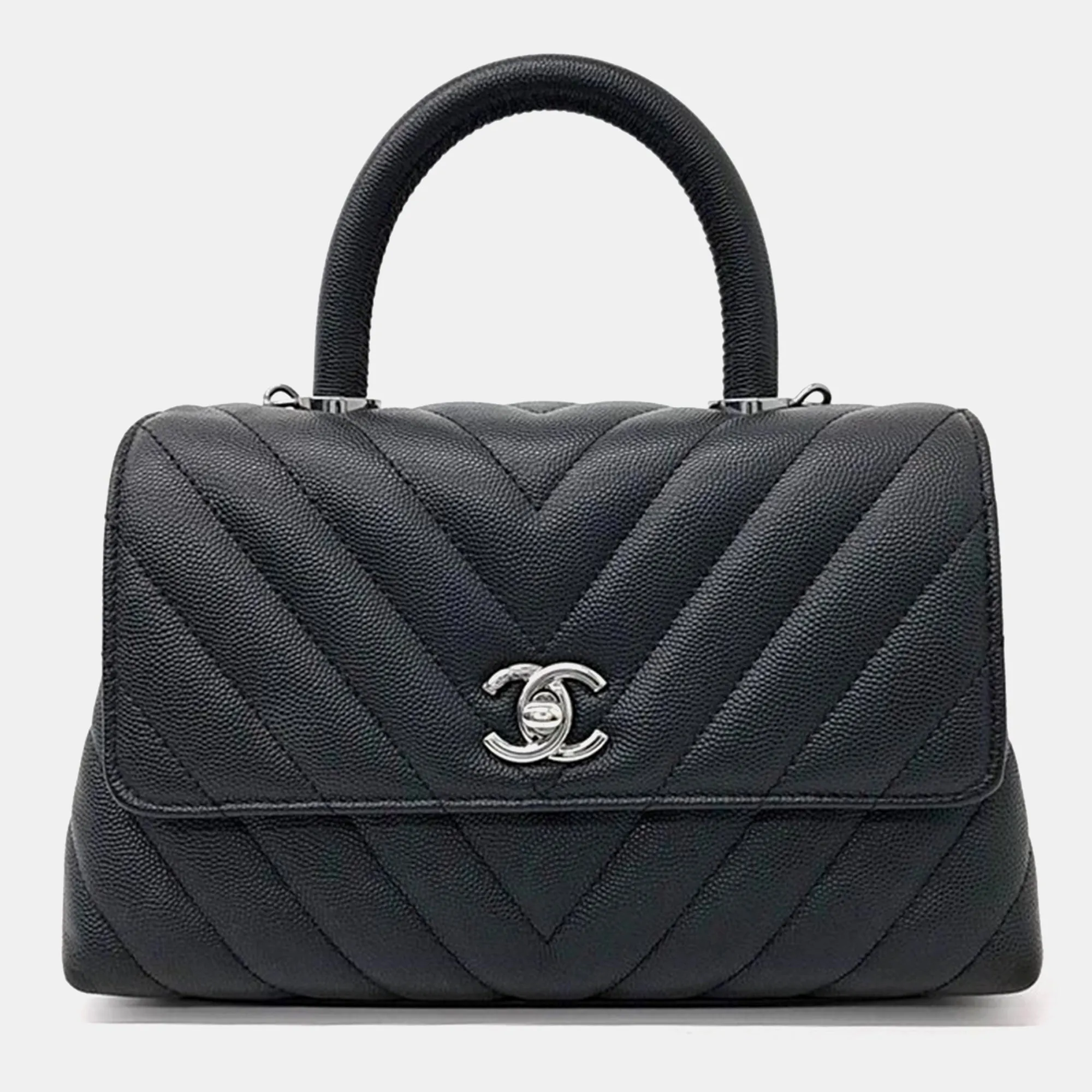 Black Caviar Leather Chevron Coco Handle Bag