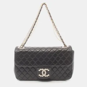 Black Leather CC Pearl Medium Westminster Flap Bag