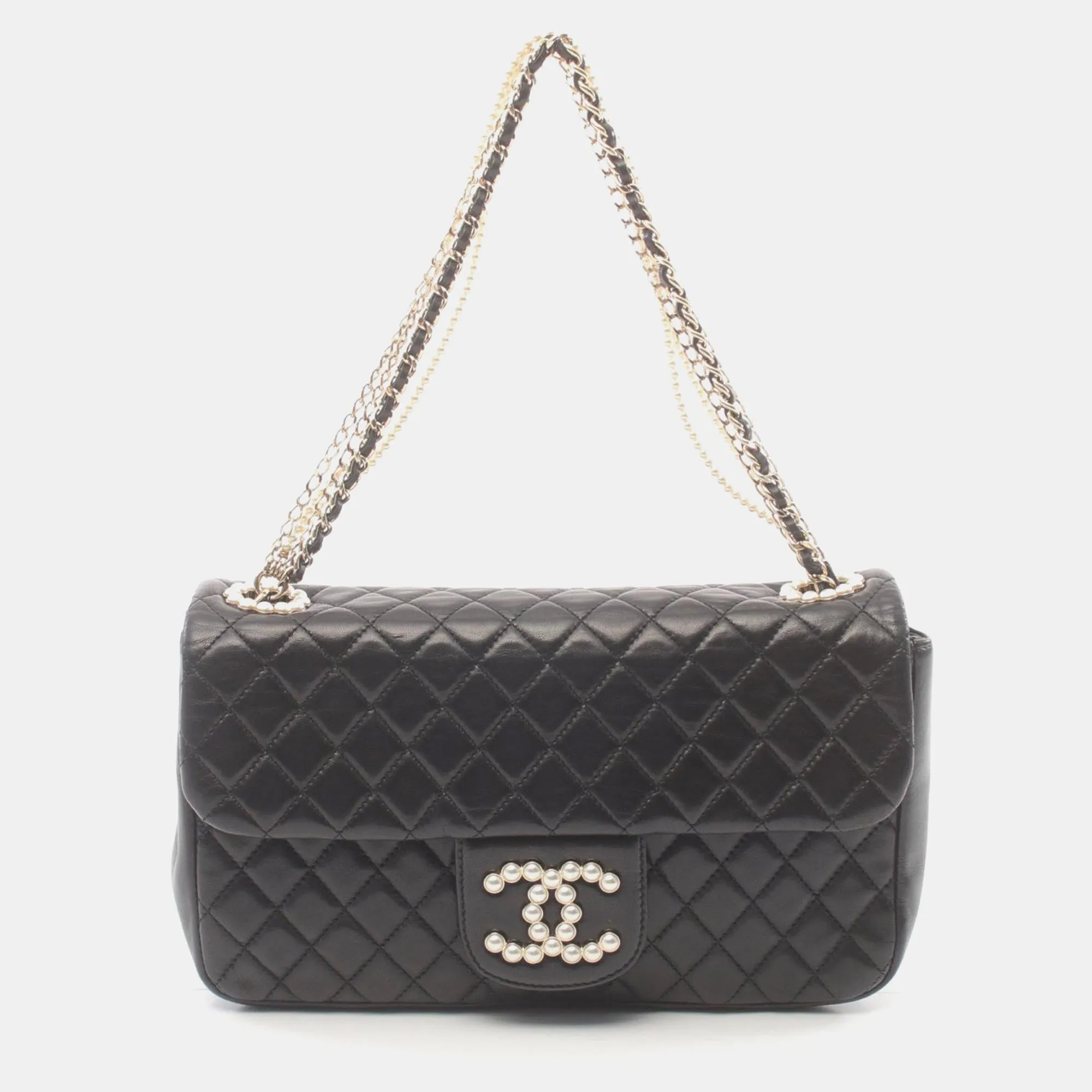 Black Leather CC Pearl Medium Westminster Flap Bag