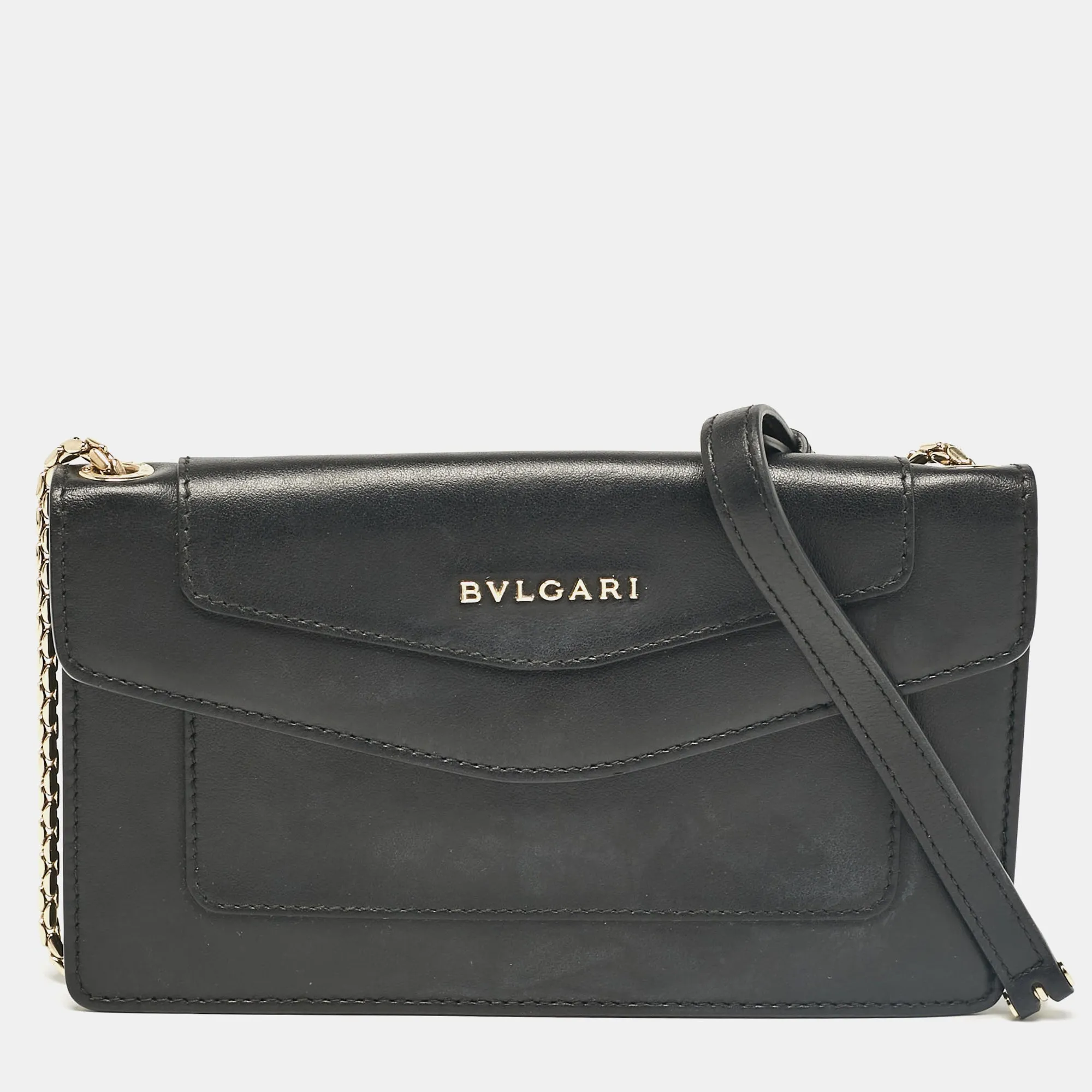 Black Leather Flap Clutch Bag