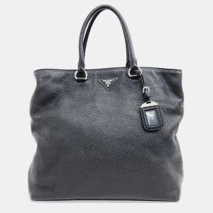 Black Leather Vitello Dino Tote Bag