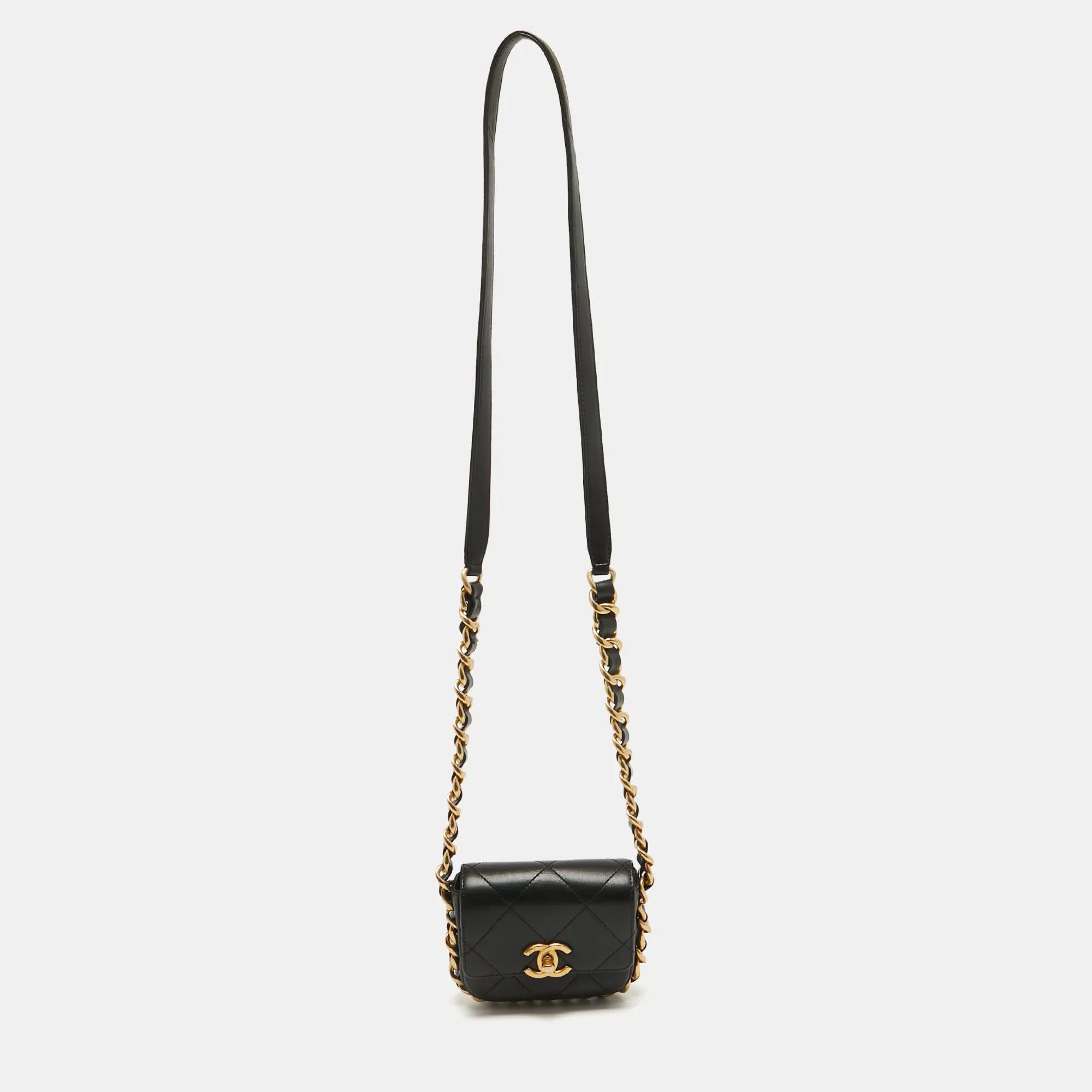 Black Quilted Leather Mini Framing Chain Flap Bag