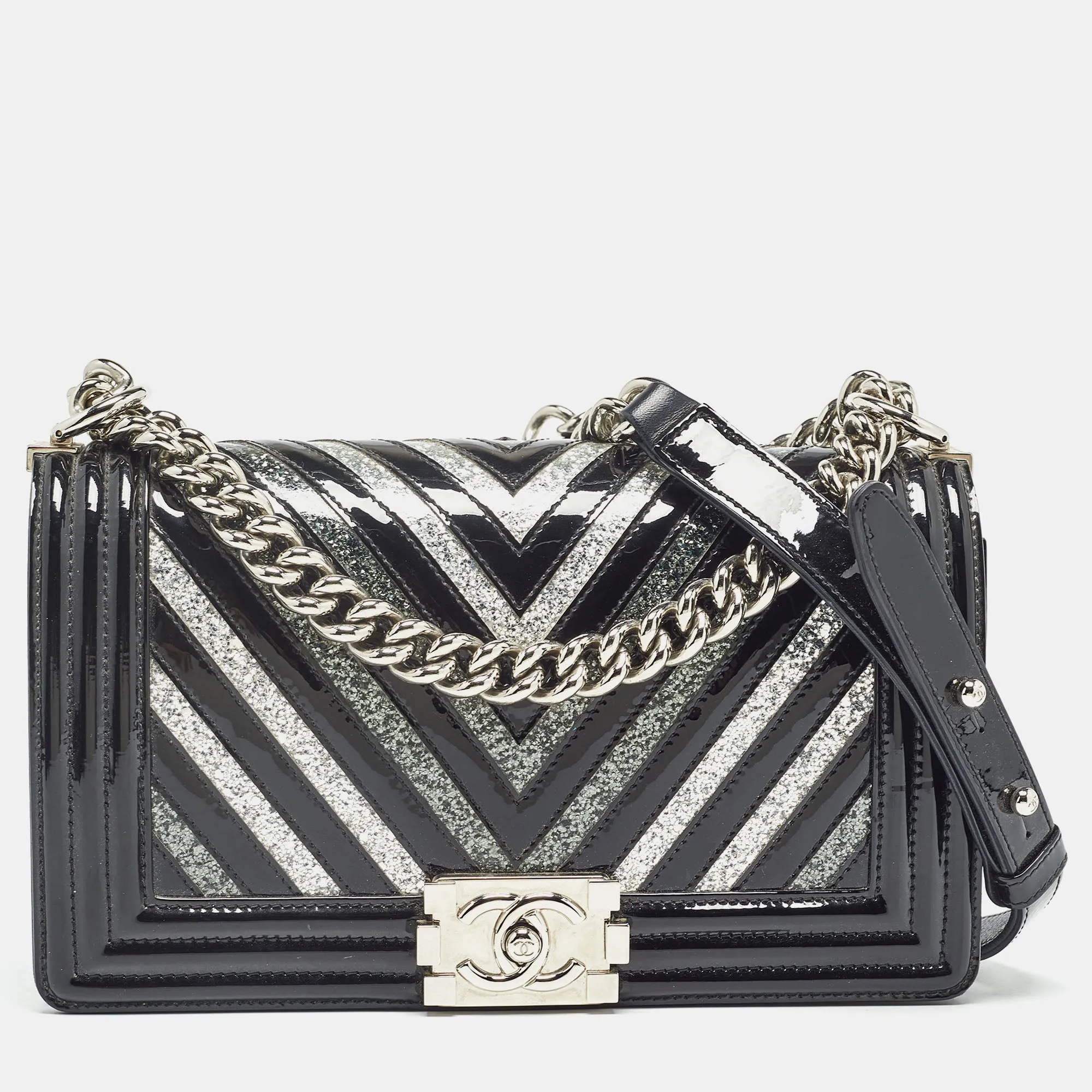 Black/Silver Chevron Patent Leather Medium Boy Flap Bag