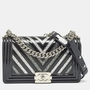 Black/Silver Chevron Patent Leather Medium Boy Flap Bag