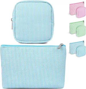 Breteil 2PCS Small Makeup Bag for Purse Cute Make up Bag with Mini Cosmetic Bag with Slip-in Pockets Candy Stripes Makeup Pouch Birthday Gifts - Blue