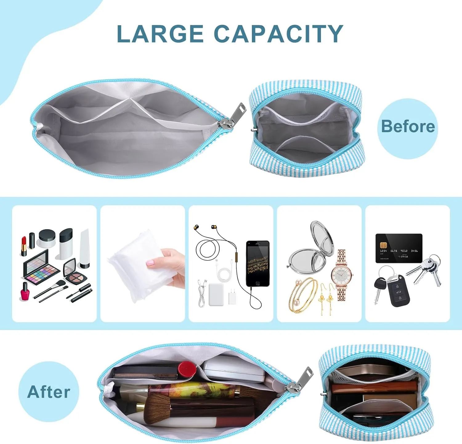 Breteil 2PCS Small Makeup Bag for Purse Cute Make up Bag with Mini Cosmetic Bag with Slip-in Pockets Candy Stripes Makeup Pouch Birthday Gifts - Blue