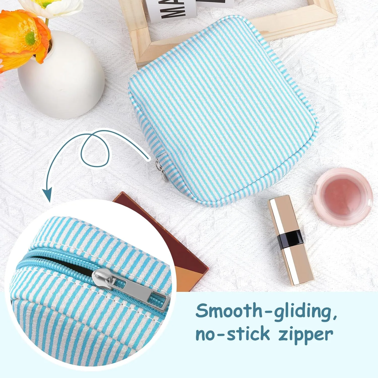 Breteil 2PCS Small Makeup Bag for Purse Cute Make up Bag with Mini Cosmetic Bag with Slip-in Pockets Candy Stripes Makeup Pouch Birthday Gifts - Blue