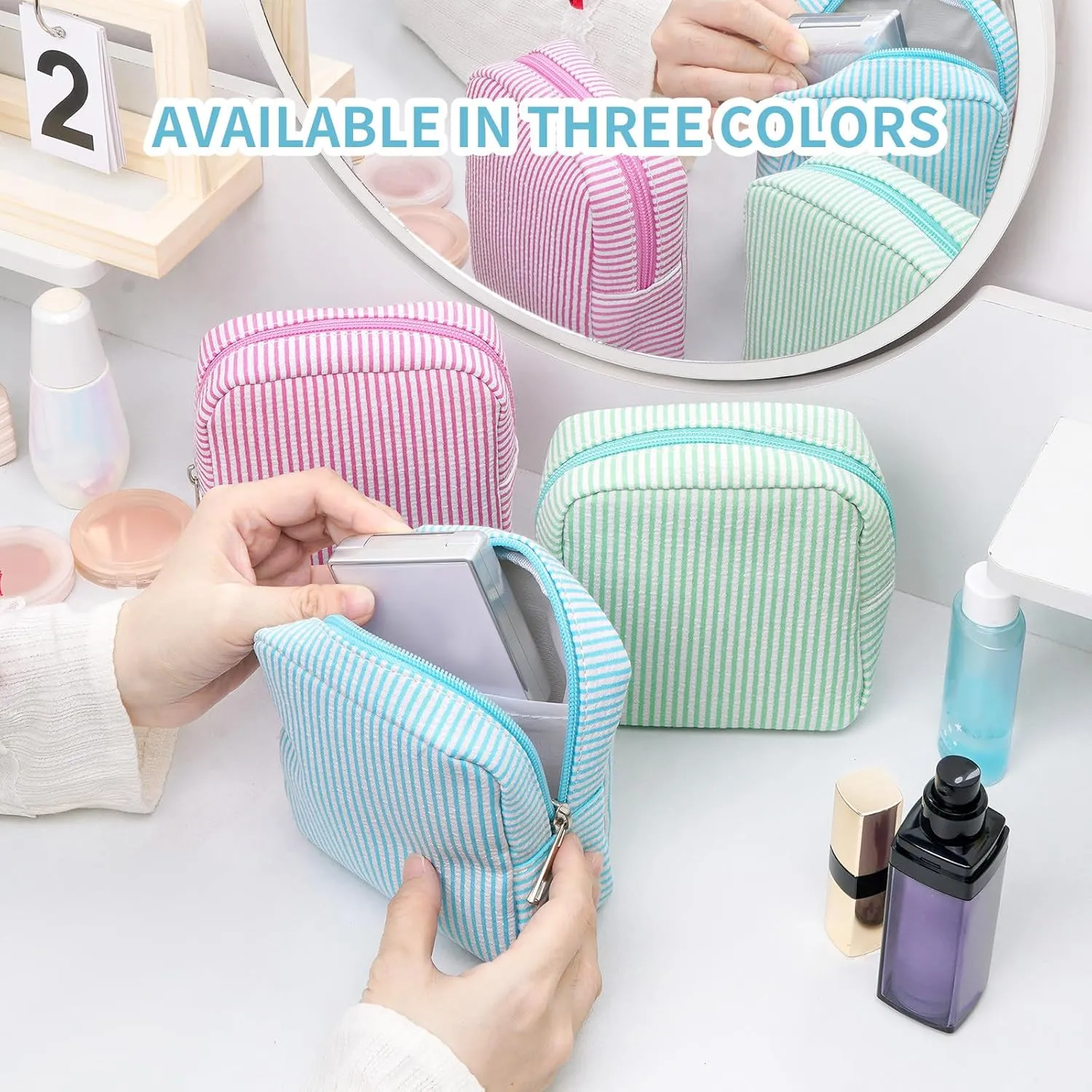 Breteil 2PCS Small Makeup Bag for Purse Cute Make up Bag with Mini Cosmetic Bag with Slip-in Pockets Candy Stripes Makeup Pouch Birthday Gifts - Blue