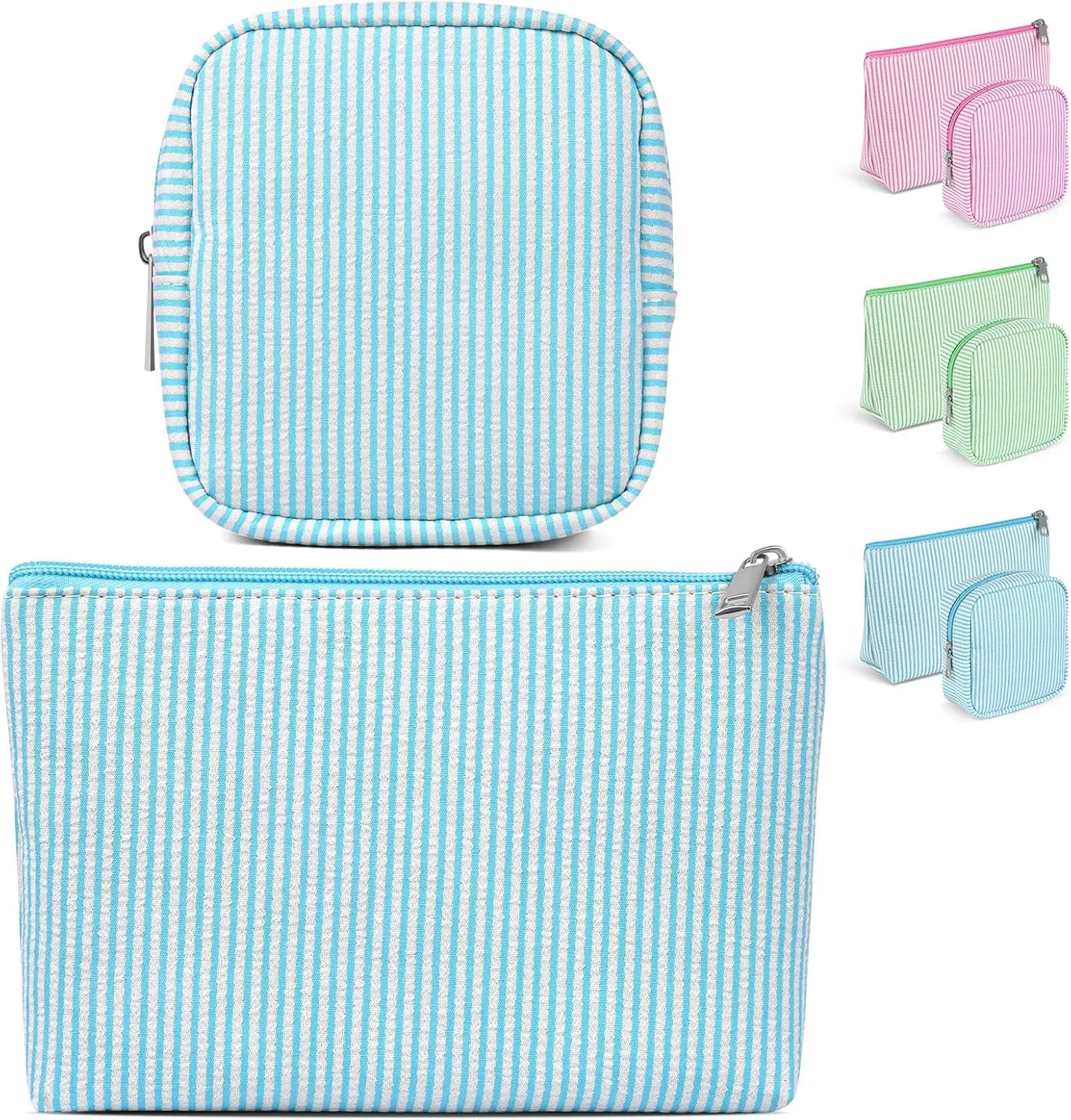 Breteil 2PCS Small Makeup Bag for Purse Cute Make up Bag with Mini Cosmetic Bag with Slip-in Pockets Candy Stripes Makeup Pouch Birthday Gifts - Blue