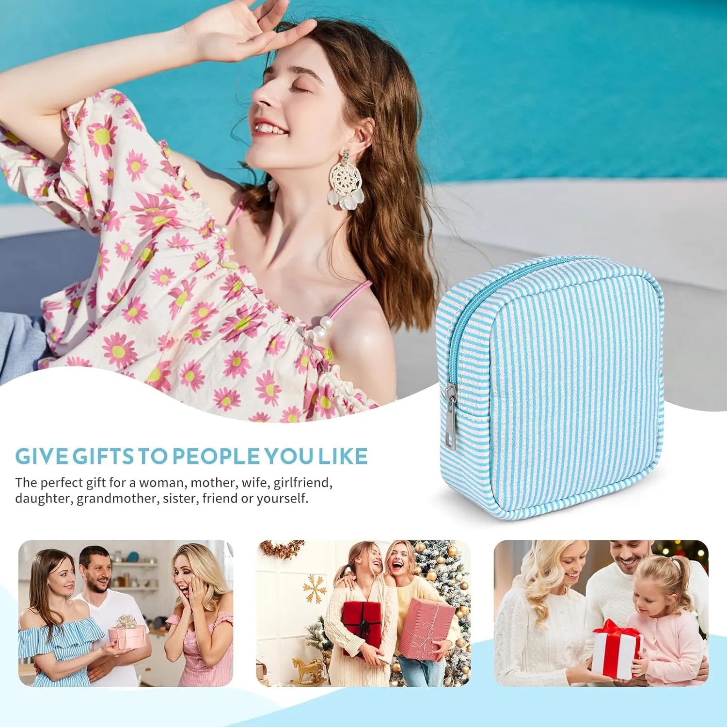 Breteil 2PCS Small Makeup Bag for Purse Cute Make up Bag with Mini Cosmetic Bag with Slip-in Pockets Candy Stripes Makeup Pouch Birthday Gifts - Blue