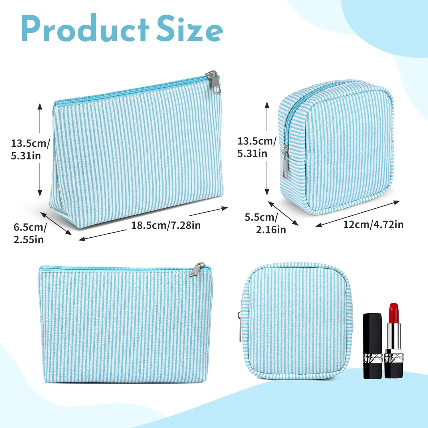 Breteil 2PCS Small Makeup Bag for Purse Cute Make up Bag with Mini Cosmetic Bag with Slip-in Pockets Candy Stripes Makeup Pouch Birthday Gifts - Blue