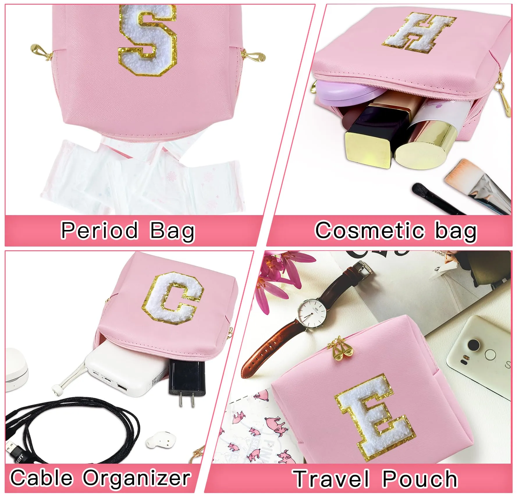 COSHAYSOO 2Pcs Initial Makeup Bag Small Cosmetic Toiletry Period Pouch for Teenager Girl Women Travel Sanitary Napkin Girly Stuff Organizer, Personalized Preppy Cute Traveling Easter Gift Pink H