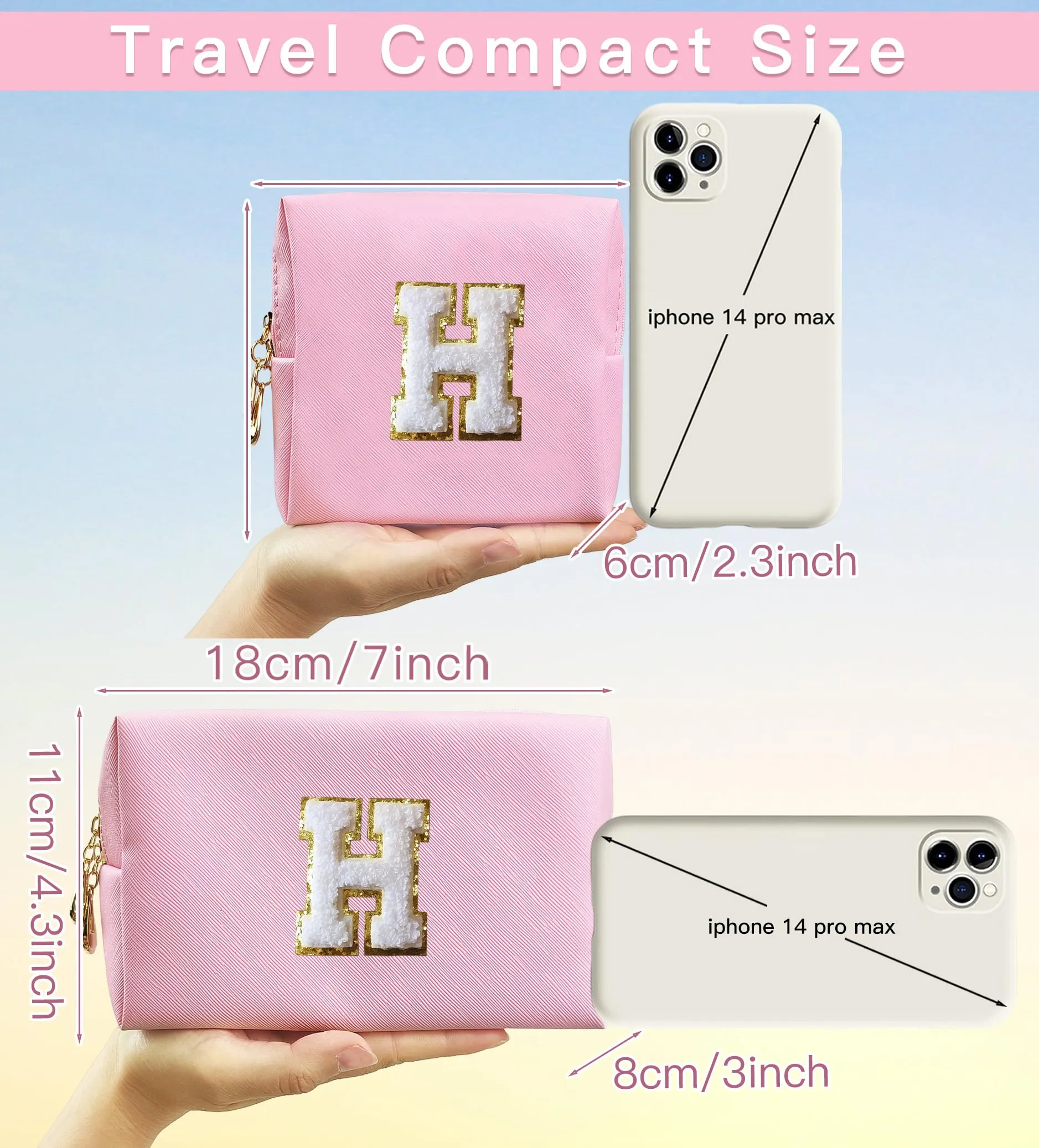 COSHAYSOO 2Pcs Initial Makeup Bag Small Cosmetic Toiletry Period Pouch for Teenager Girl Women Travel Sanitary Napkin Girly Stuff Organizer, Personalized Preppy Cute Traveling Easter Gift Pink H