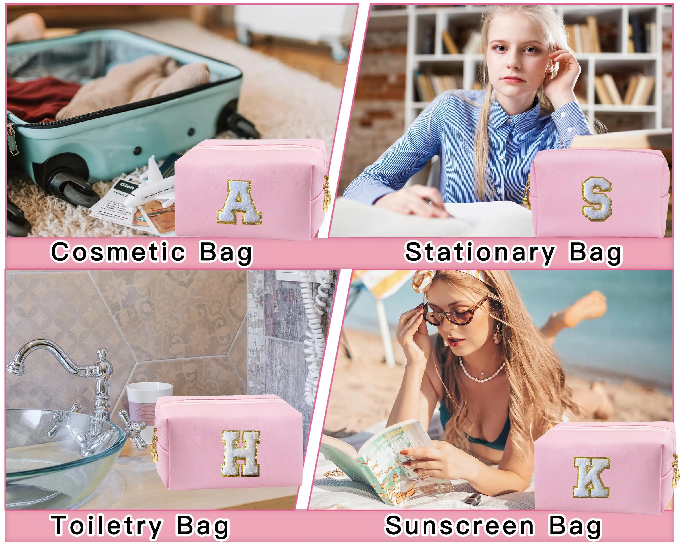 COSHAYSOO 2Pcs Initial Makeup Bag Small Cosmetic Toiletry Period Pouch for Teenager Girl Women Travel Sanitary Napkin Girly Stuff Organizer, Personalized Preppy Cute Traveling Easter Gift Pink H