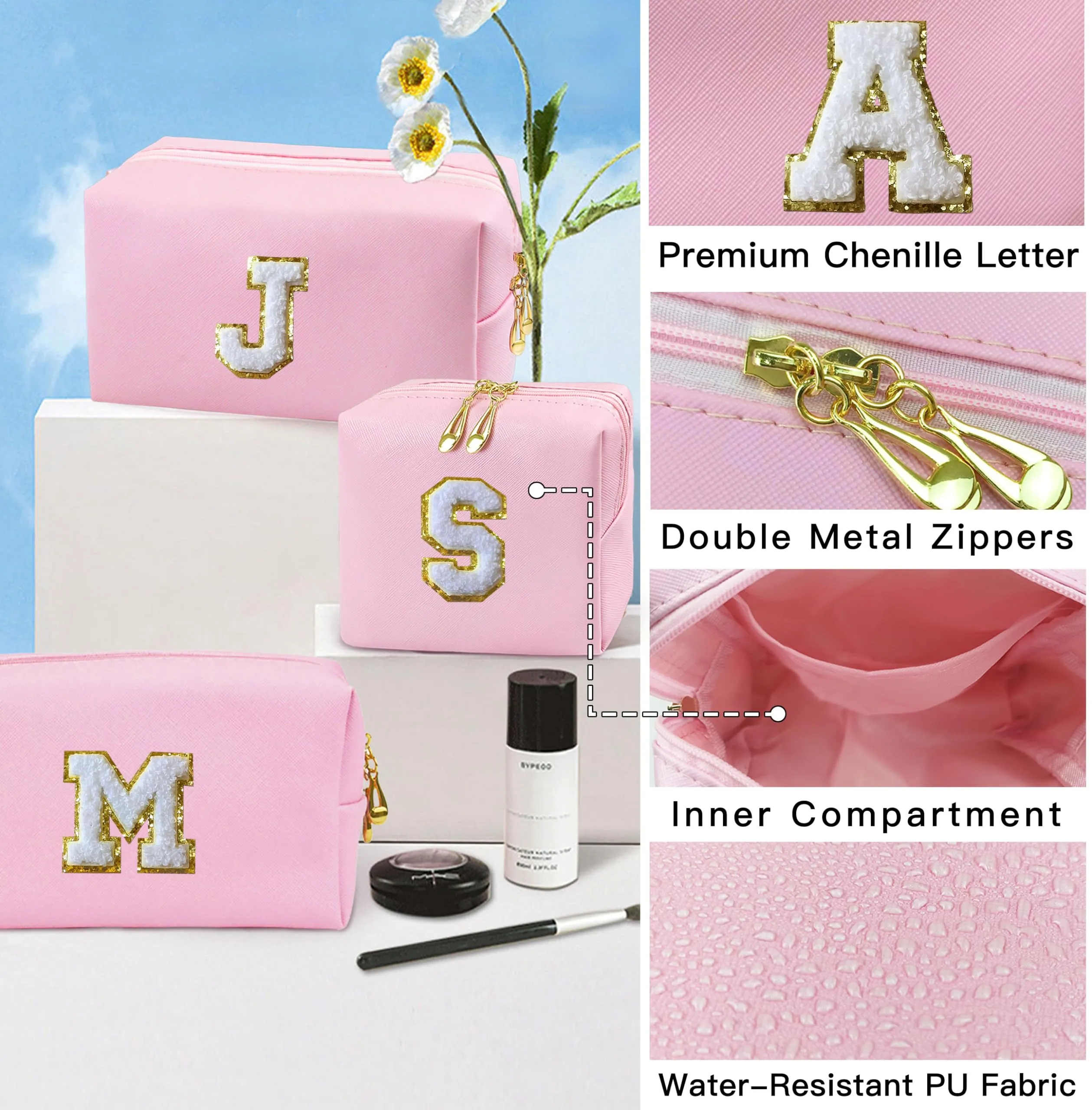 COSHAYSOO 2Pcs Initial Makeup Bag Small Cosmetic Toiletry Period Pouch for Teenager Girl Women Travel Sanitary Napkin Girly Stuff Organizer, Personalized Preppy Cute Traveling Easter Gift Pink H