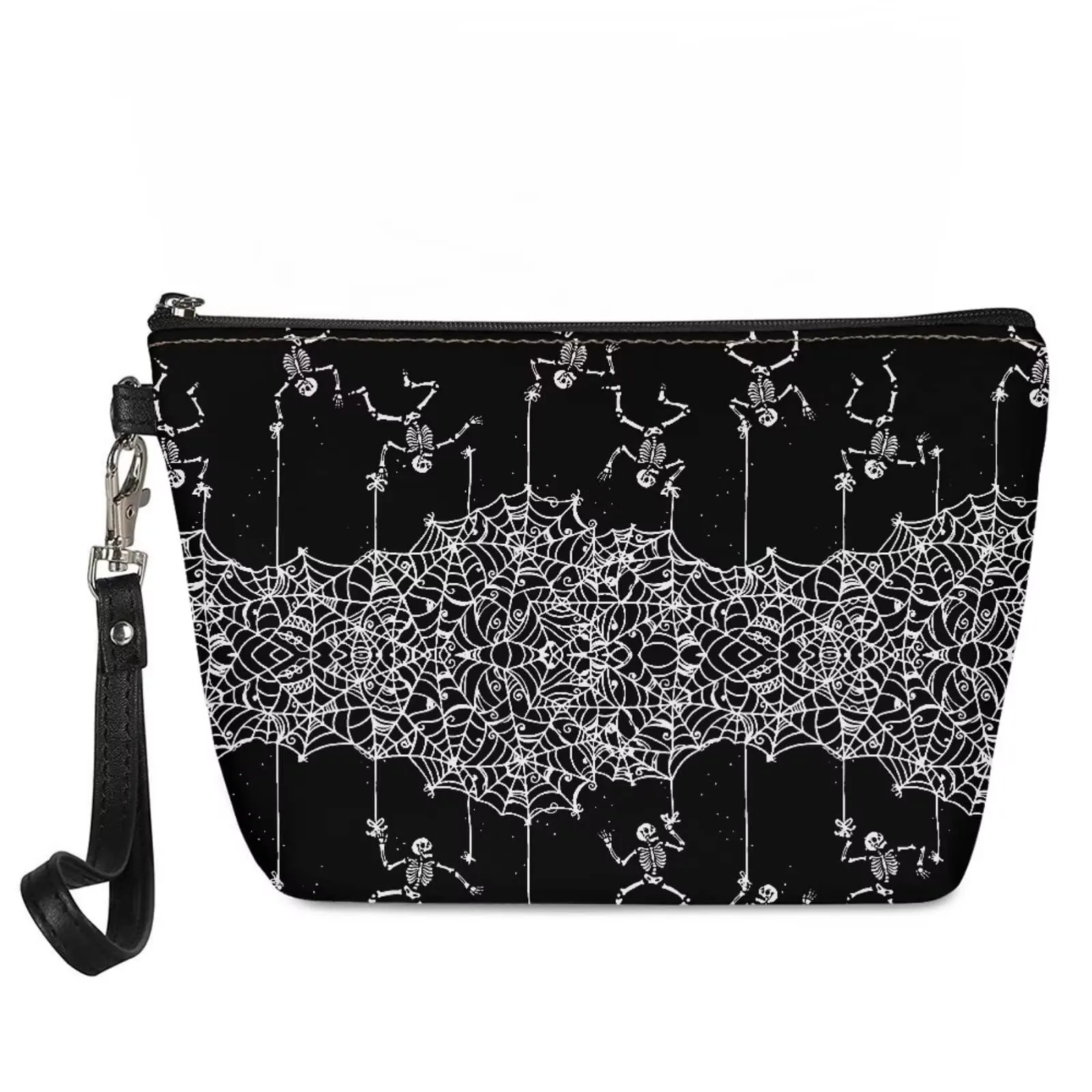 Cozeyat Women Girls Skeleton Cosmetic Organizer,Softy Roomy Makeup Holder with Zipper,Halloween Style PU Leather Lipstick Organzier,Durable Money Coins Totes