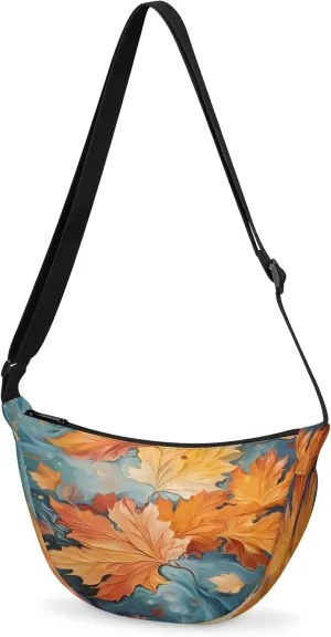 Crescent Crossbody Bag for Women & Men Lightweight Spacious Dumpling-style Sling Bag Adjustable Strap Zippers Travel Casual Use Suitable Colorful Maple Leaves