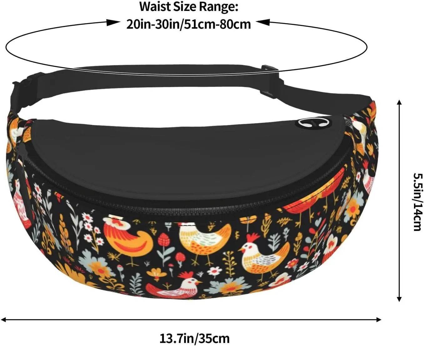 Cute Rooster Chickens Print Fanny Pack/Waist Bag For Festival Rave Hiking Running Cycling