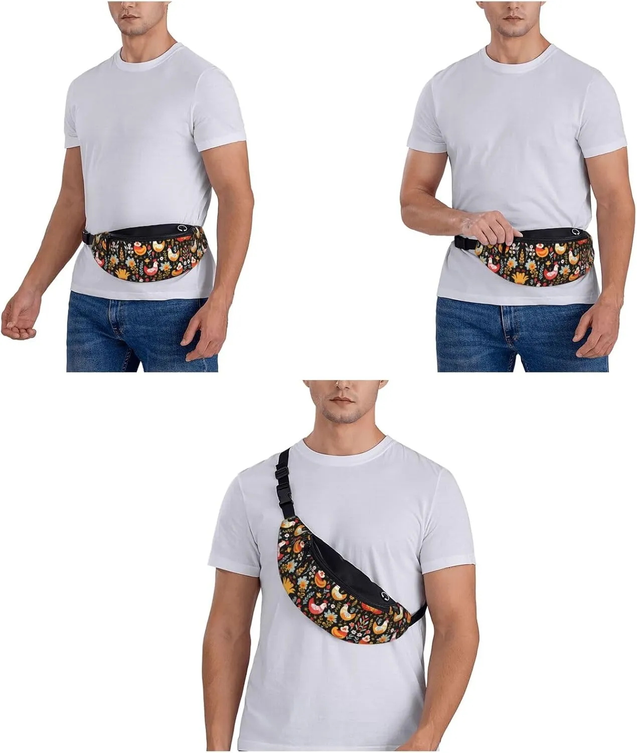 Cute Rooster Chickens Print Fanny Pack/Waist Bag For Festival Rave Hiking Running Cycling
