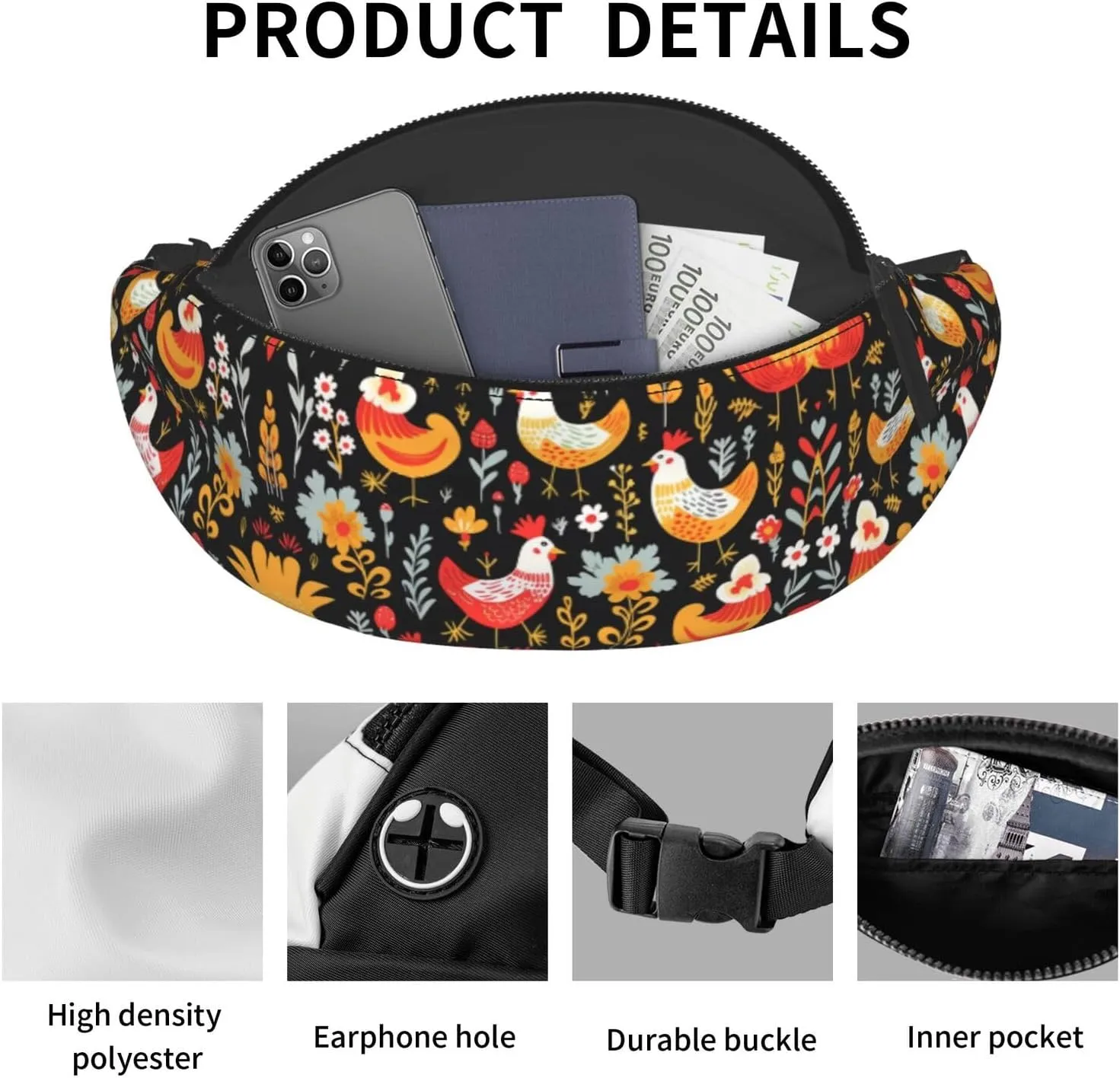 Cute Rooster Chickens Print Fanny Pack/Waist Bag For Festival Rave Hiking Running Cycling