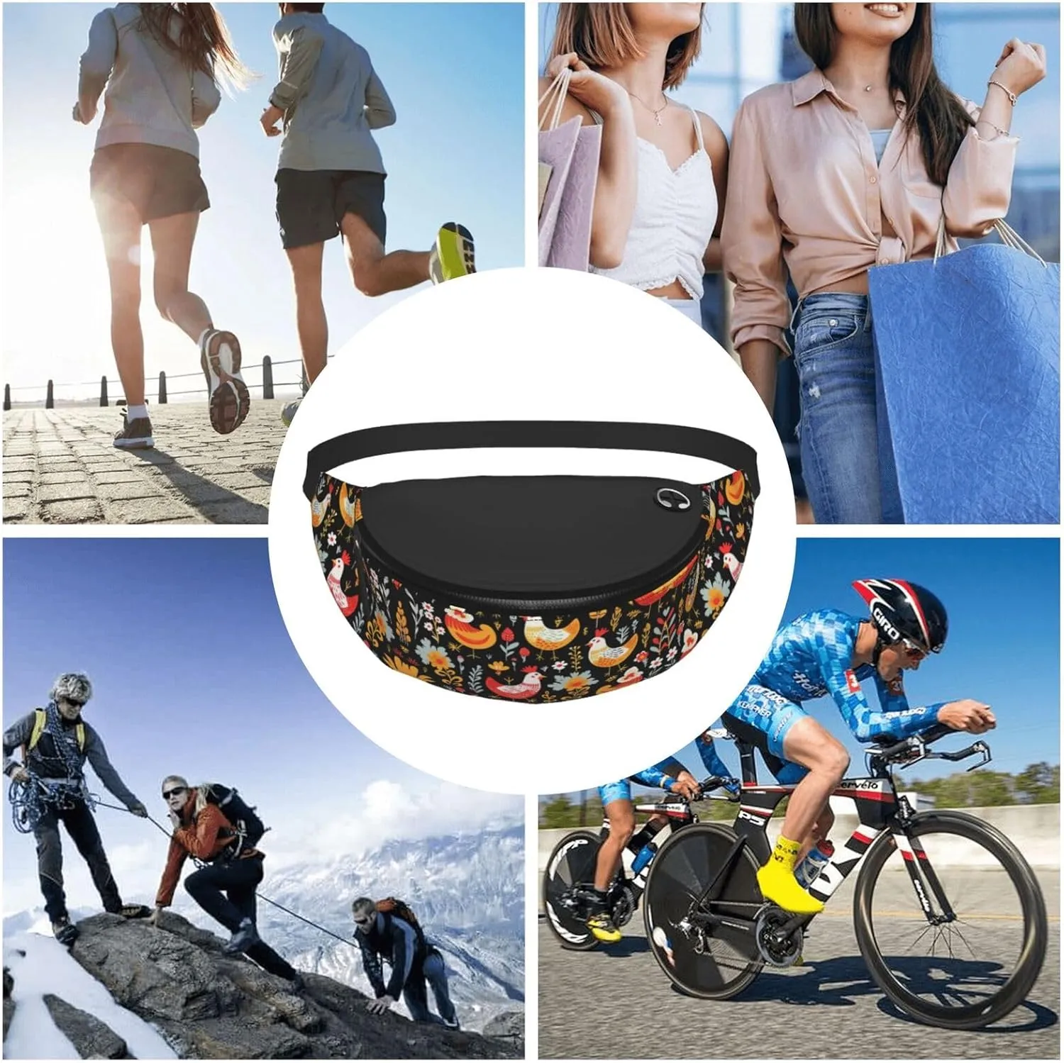 Cute Rooster Chickens Print Fanny Pack/Waist Bag For Festival Rave Hiking Running Cycling