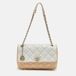 DKNY Beige/White Quilted Leather Flap Bag