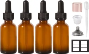 Dropper Bottle,1 oz 4 Pack Glass Droppers Bottle for Oils Eye Dropper Small Travel Oil Amber Dropper with 1 Funnel & 6 Labels - Essential Oils Bottles Tincture Bottles With Dropper Leakproof 