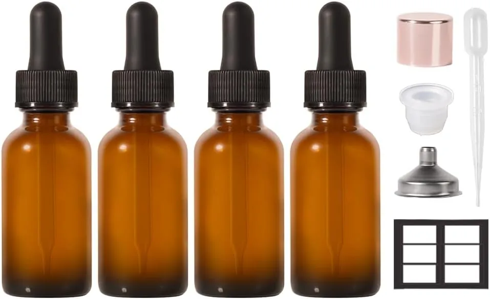 Dropper Bottle,1 oz 4 Pack Glass Droppers Bottle for Oils Eye Dropper Small Travel Oil Amber Dropper with 1 Funnel & 6 Labels - Essential Oils Bottles Tincture Bottles With Dropper Leakproof 
