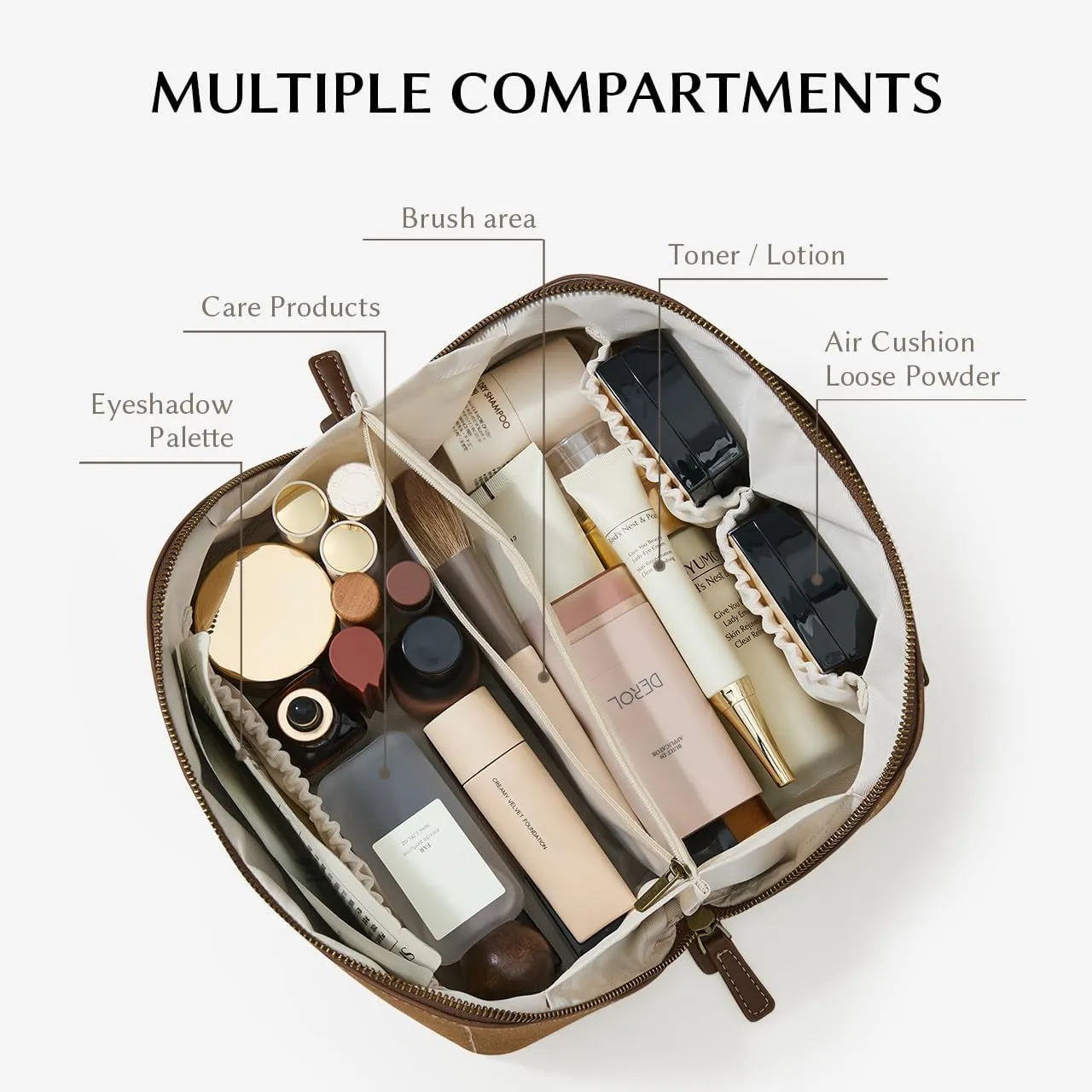 EACHY Makeup Bag, Large Capacity Cosmetic Bags for Women, Portable 180 Wide-Open Flat Toiletry Bag Travel Makeup Bag with Divider and Handle