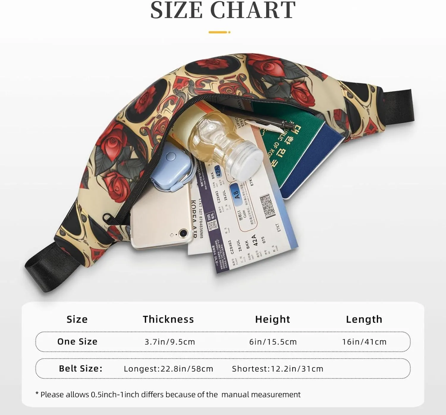 Fanny Pack Belt Bag for Women Men Waterproof Waist Pack Seaside Town Waist Bag with Adjustable Strap, Red Rose Sugar Skull, One Size