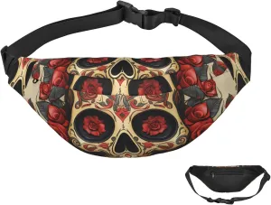 Fanny Pack Belt Bag for Women Men Waterproof Waist Pack Seaside Town Waist Bag with Adjustable Strap, Red Rose Sugar Skull, One Size