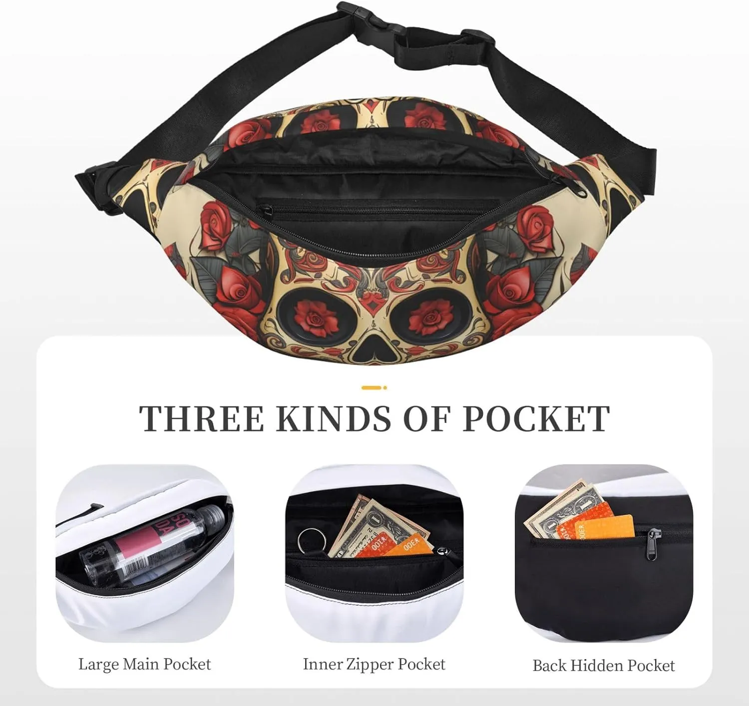 Fanny Pack Belt Bag for Women Men Waterproof Waist Pack Seaside Town Waist Bag with Adjustable Strap, Red Rose Sugar Skull, One Size