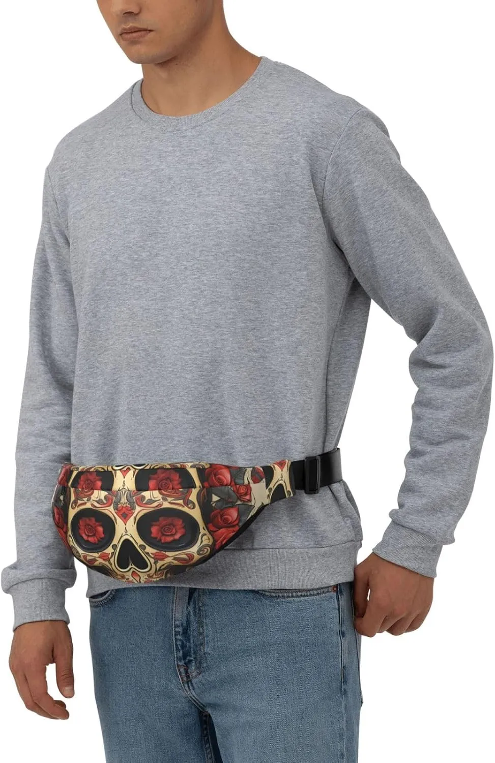 Fanny Pack Belt Bag for Women Men Waterproof Waist Pack Seaside Town Waist Bag with Adjustable Strap, Red Rose Sugar Skull, One Size