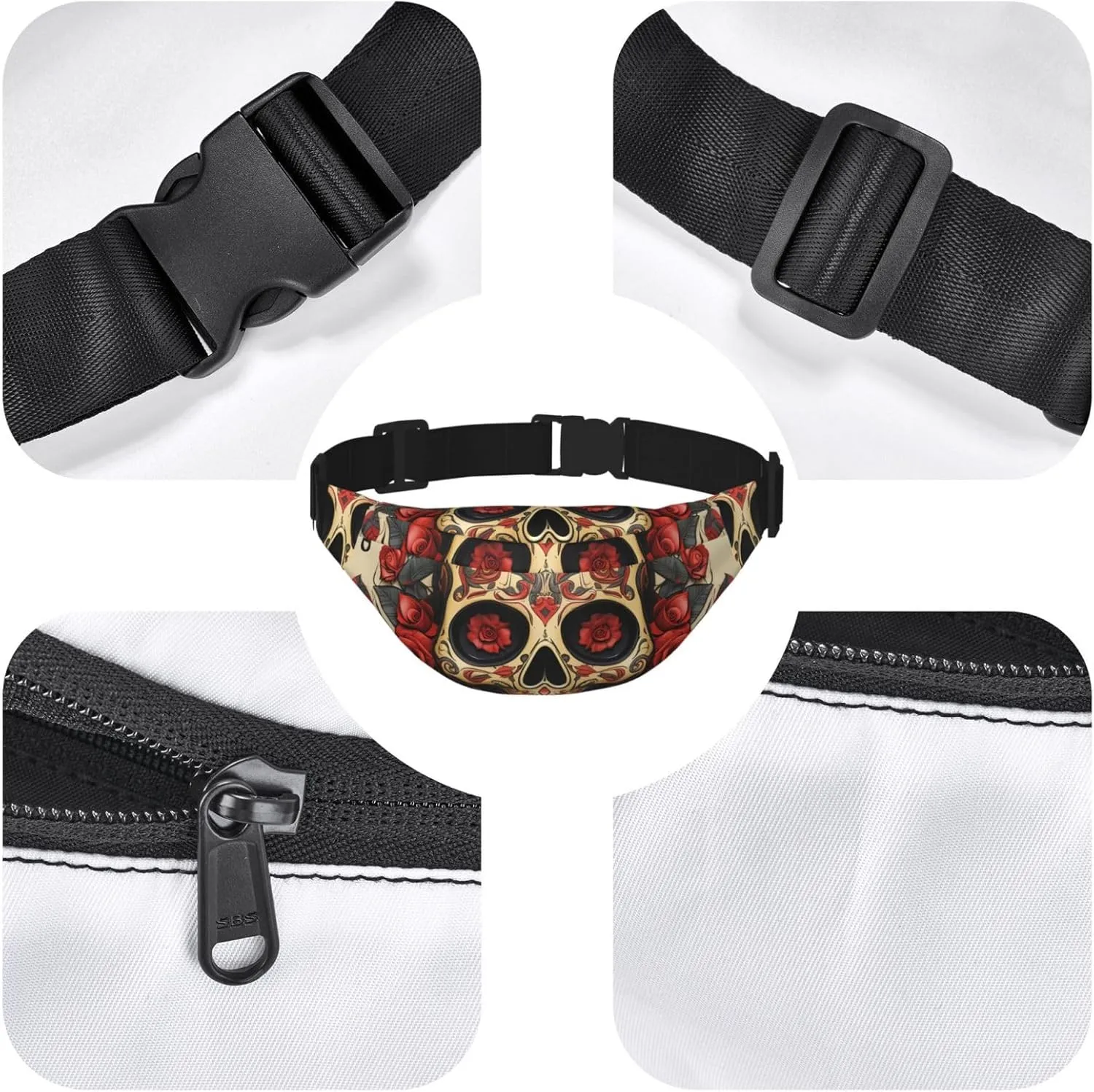Fanny Pack Belt Bag for Women Men Waterproof Waist Pack Seaside Town Waist Bag with Adjustable Strap, Red Rose Sugar Skull, One Size