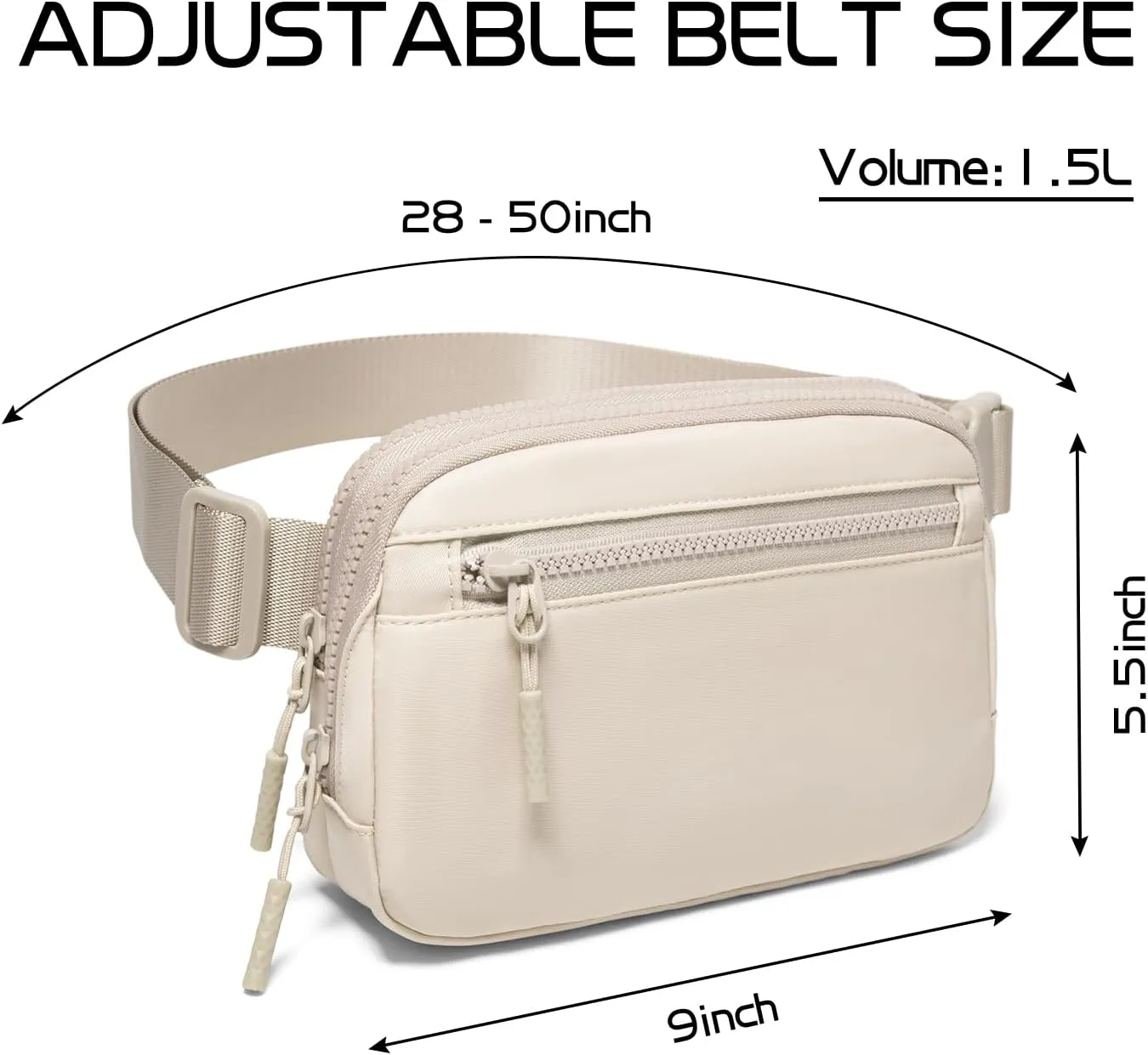 Fanny Pack Crossbody Bags for Women 1.5L Belt Bag with 3 Zipper Pockets Fashion Waist Packs Everywhere Belt Bag Cross Body Fanny Pack for Women (Beige)