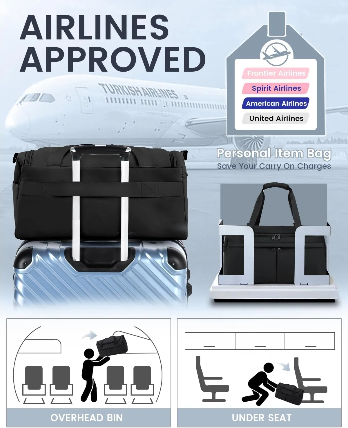 For Spirit Airlines Personal Item Bag 18X14X8 Carry On Travel Duffle Bags for Airplanes Women Men with Wet Pocket Weekender with Shoe and Toiletry Bags, Black