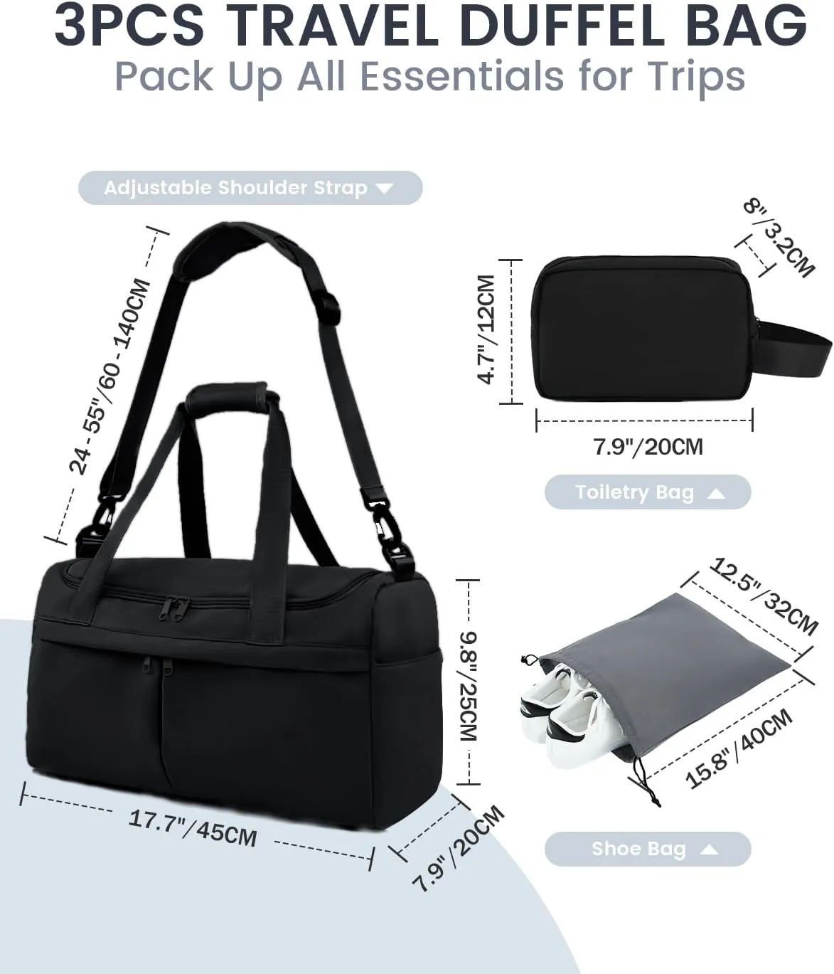 For Spirit Airlines Personal Item Bag 18X14X8 Carry On Travel Duffle Bags for Airplanes Women Men with Wet Pocket Weekender with Shoe and Toiletry Bags, Black