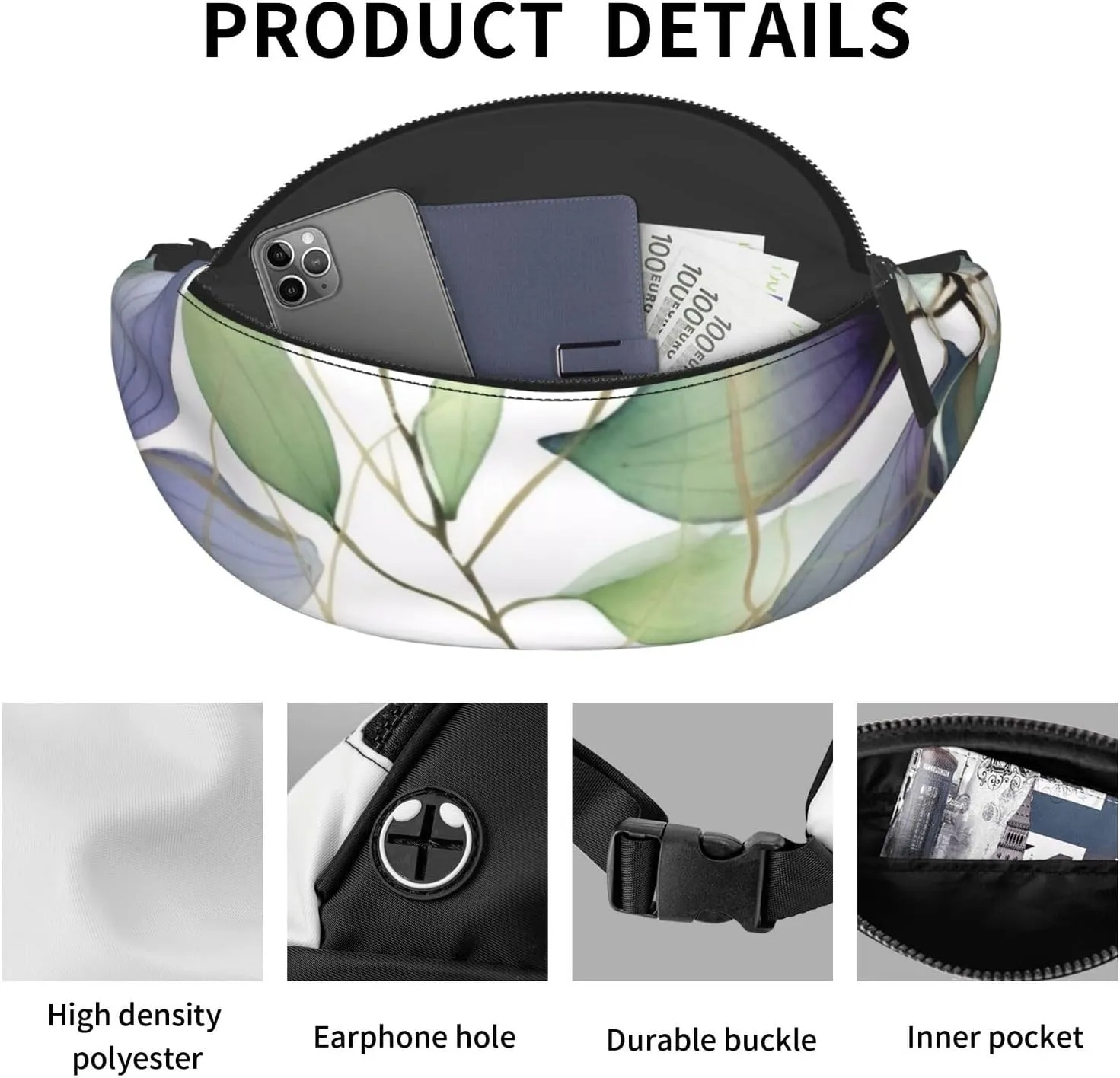 Green Eucalyptus Leaves Print Fanny Pack/Waist Bag For Festival Rave Hiking Running Cycling