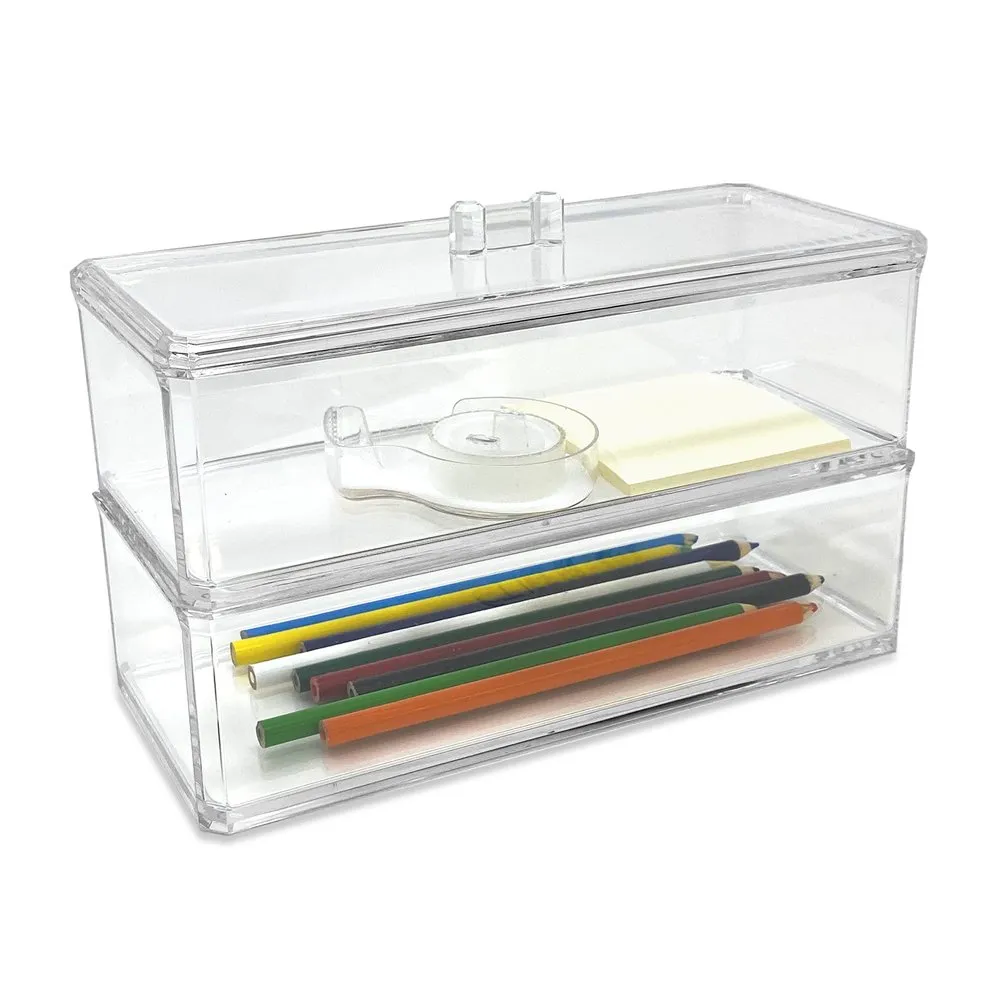 Isaac Jacobs Clear Acrylic Rectangular Stackable Storage Organizer with Lid, Multi-Functional, Bathroom, Kitchen, Home, Office, Desk, Drawers