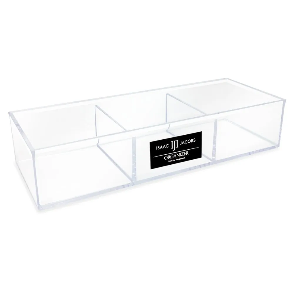 Isaac Jacobs Large 3-Compartment Clear Acrylic Stackable Organizer (12.9" L x 5" W x 2.7" H), Multi-Sectional Tray & Storage Solution for Makeup, Craft Supplies & More, for Bathroom, Kitchen, Office