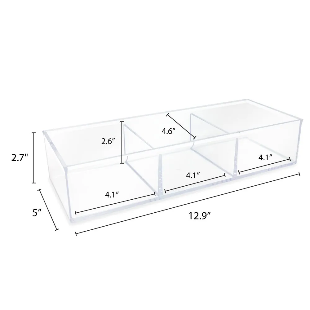 Isaac Jacobs Large 3-Compartment Clear Acrylic Stackable Organizer (12.9" L x 5" W x 2.7" H), Multi-Sectional Tray & Storage Solution for Makeup, Craft Supplies & More, for Bathroom, Kitchen, Office