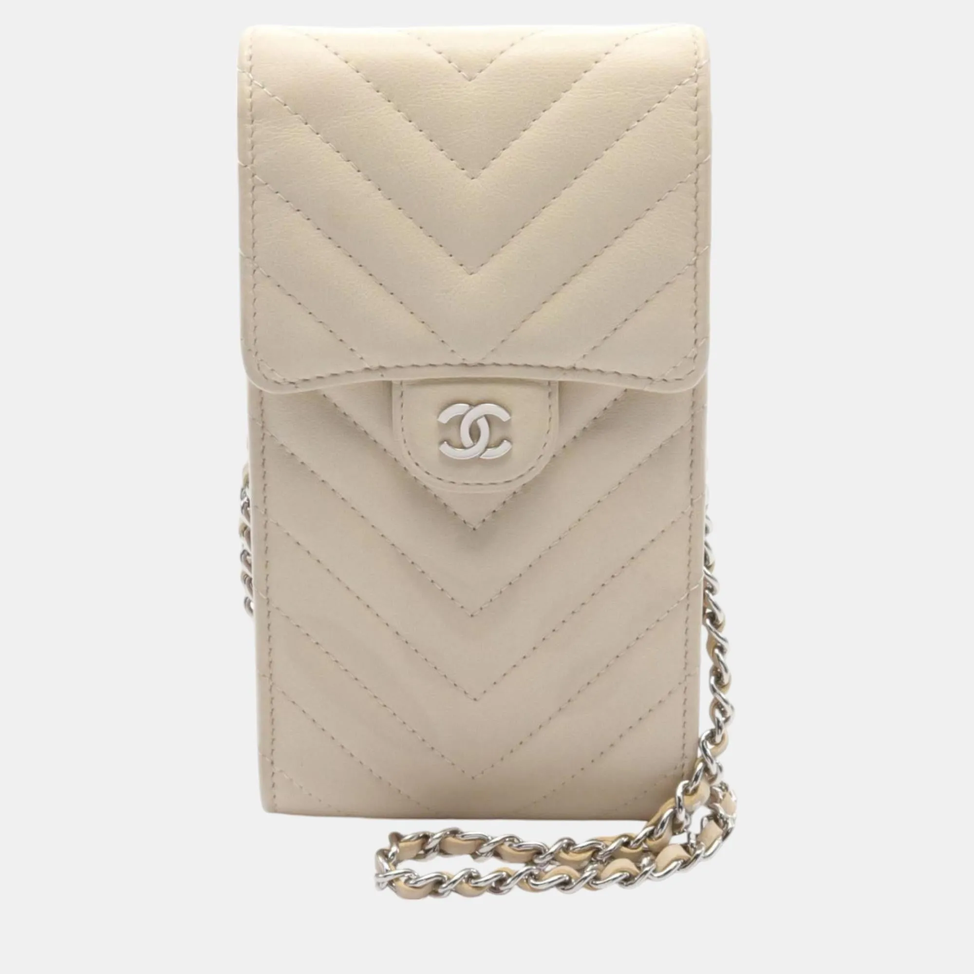 ivory leather Chevron V-stitch shoulder bag