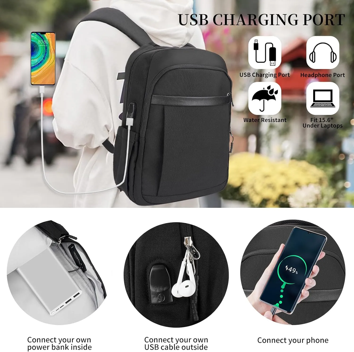 Laptop Backpack For Men Women Casual Lightweight Travel Rucksack Business 15 Inch Computer Bag With USB Charging Port For Work Daily Travelk,Black