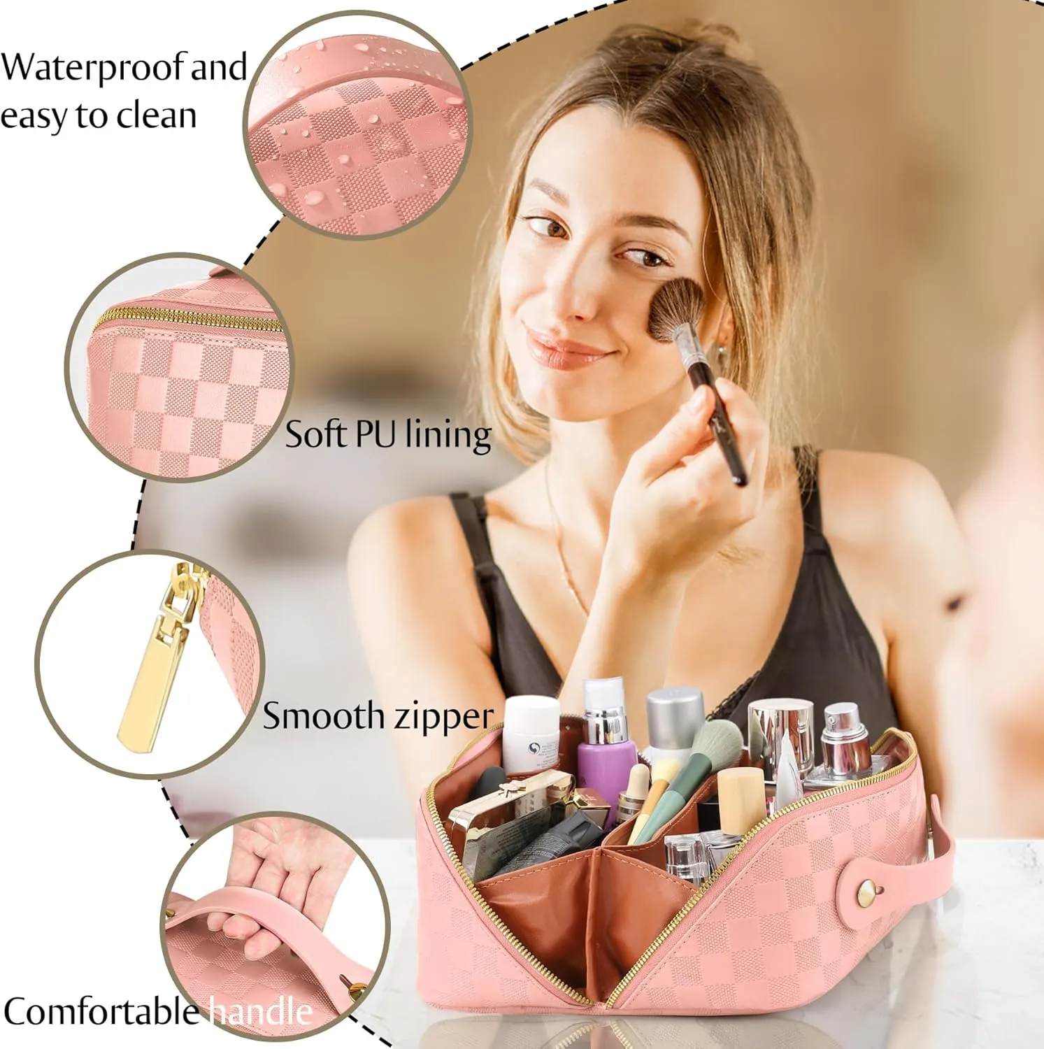 Large Capacity Travel Cosmetic Bag - Portable Makeup Bags for Women Waterproof PU Leather Checkered Makeup Organizer Bag with Dividers and Handle,Toiletry Bag for Cosmetics