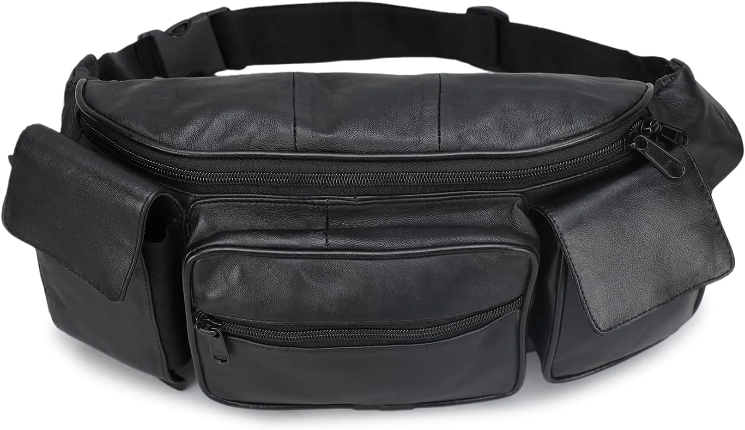 Leatherboss Genuine Leather Waist Fanny Pack Belt Bag with Two Cell Phone Pockets for men women, Black